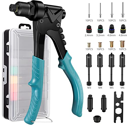 AUTOUTLET Set Rivettatrice 3 in 1 da 10 Pollici Rivetto a Pistola Alesatore con Dado M3-M6 Rivettatura 2.4-4.8 Spille Quadrate e Curve