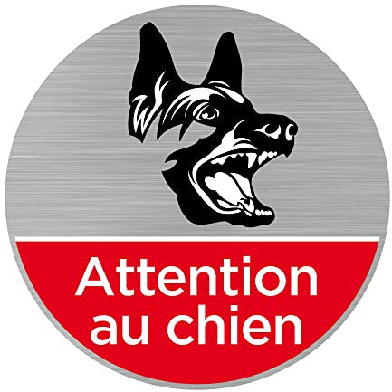 Pictogramme Attention au Chien (Q0469). Autocollant Souple Effet alu brossé ou Plaque de Porte alu brossé EP 2mm au Choix - Diamètre 83 mm - Adhésif Aspect Aluminium brossé - Adhésif Aspect Aluminium