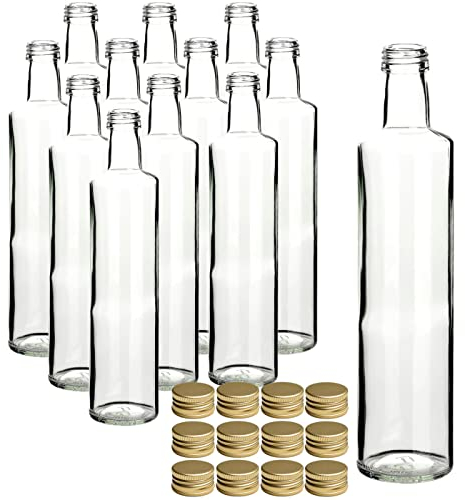 gouveo Lot de 12 bouteilles en verre Dorica de 500 ml avec bouchon à vis PP 31,5 doré - bouteilles d'huile, de vinaigre, de liqueur, vides pour remplissage automatique (DFT500G)