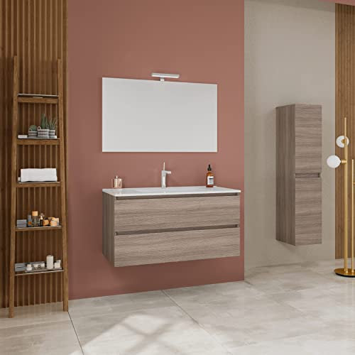 Kiamami Valentina Armoire de Salle de Bain Murale de 100 cm avec 2 tiroirs en chêne Naturel, lavabo et Miroir 100x60