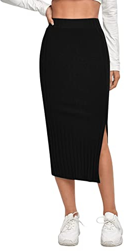 SOLY HUX Damen Elegant Rock Vintage Retro Midirock Strick Röcke Bleistiftrock Freizeitrock Partyrock mit Schlitz Schwarz M