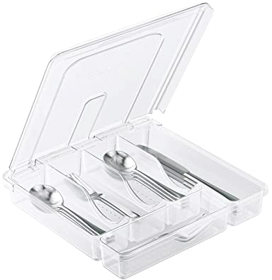 QINOL Bandeja de cubiertos con tapa, organizador de cajones de utensilios para encimera de cocina, organizadores de cubiertos de plástico y soporte de almacenamiento, 5 compartimentos