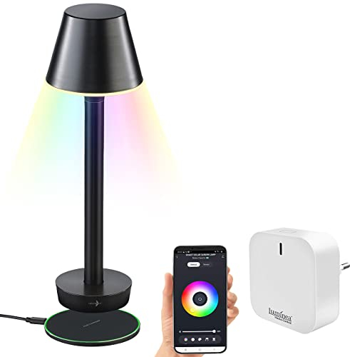 Luminea Home Control Kabellose LED-Tischlampe: Smarte Outdoor-Tischlampe mit WLAN-Gateway, RGB-CCT-LEDs, App, IP67 (mit Sprachsteuerung, Akku-Tischleuchte dimmbar, Leuchte)