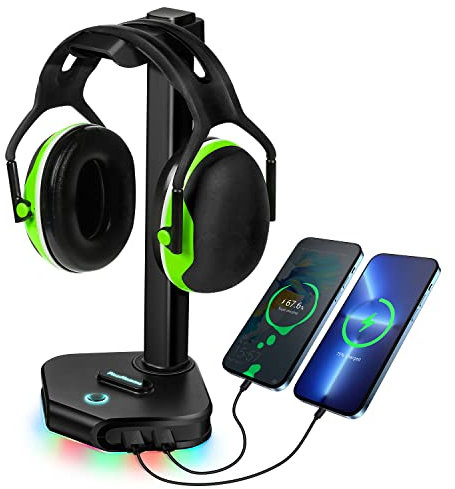 PicoHemmo RGB Headphone Stand Desk Gaming Headset Holder with 16 Light Modes & 2 USB Ports for Desktop PC Game Earphone Accessories
