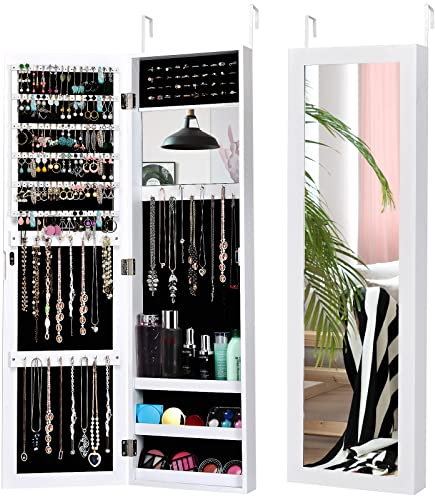 Multigot 2-in-1 Jewelry Cabinet, Wall-mounted Jewellery Organizer with Full Length Mirror & Built-in Mirror, Makeup Storage Armoire for Bedroom Dressing Room (White)
