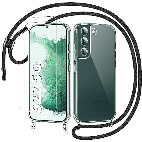 AROYI Handykette für Samsung Galaxy S22 5G Hülle mit Band Und 2 Schutzfolie, Transparent Silikon Handyhülle Samsung S22 mit Kette zum Umhängeband Abnehmbar Stossfest Schutzhülle Case, Schwarz