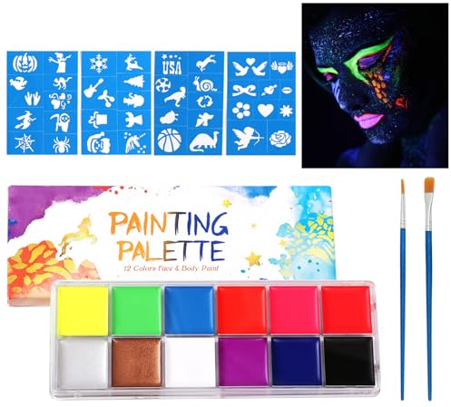 Peinture Visage Corps Kit,Maquillage Coloré Fluo Néon Kit,Peinture Fluorescente Pour Body Painting,12 Couleurs Palette de Tatouage de Peinture à I'huile,pour Halloween, Carnaval, Clown, Cosplay