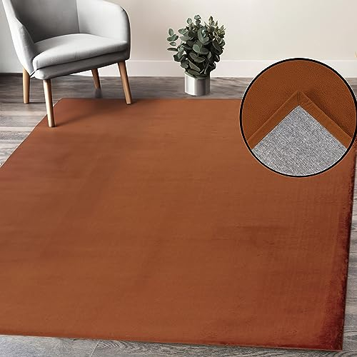 payé Teppich Wohnzimmer Hochflor - 120x170cm - Terracotta - Super Soft Kuschelweich Flauschig Modern Einfarbig Modern Weicher Schlafzimmerteppich