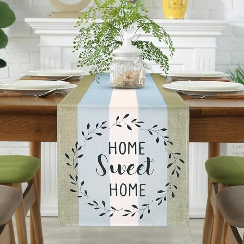 Tischläufer Blau Grün Modern Weißer 33 x 183 Tischläufer Abwaschbar Leinenoptik Planken Antik Alt Rustikal Küche Tisch Läufer Saisonnal Table Runner für Esstisch Drinnen Party Dekoration