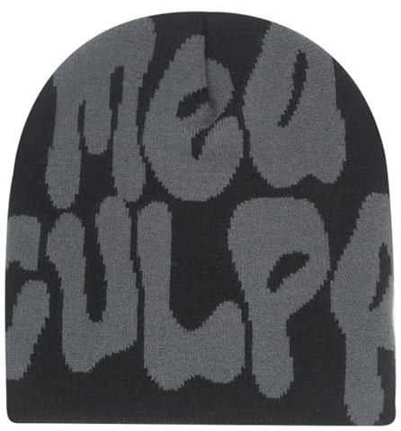 AMOFIA Damen Y2K Beanie Warm Bonnet Strickmütze Unisex Me Culpa Winter Caps für Geschenk, Schwarz / Grau, Einheitsgröße