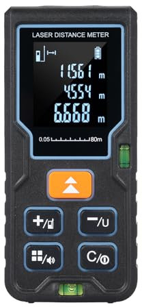 Mulcort Laser-Entfernungsmesser, 80 m/262 Fuß, tragbares Laser-Messgerät mit 2 Wasserwaagen, großes LCD-Display mit Hintergrundbeleuchtung, Pythagoras-Modus, Messung von Distanz, Fläche, Volumen