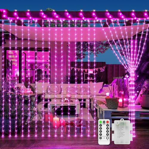 Curtain Fairy Lights Battery Operated, 2m x 2m 200 LED Curtain Christmas Lights Outdoor Waterproof Window Lights with Remote 8 Modes Timer for Indoor Room Garden Patio Party Wedding Decorations-Pink