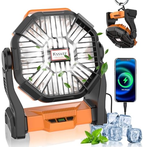 Kssvzz Camping Ventilador con Luz LED, 4 Velocidades 20000mAh Portátil Ventilador Recargable, ventilador‘ USB con Ganchos y Asas, ventiladores de Mesa para Camping, Gimnasio, Pesca(Naranja)
