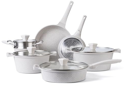 Country Kitchen Set di pentole antiaderenti a induzione, 11 pezzi, pentole e padelle in alluminio pressofuso con manici Bakelite e coperchi in vetro, motivo rombo (crema)