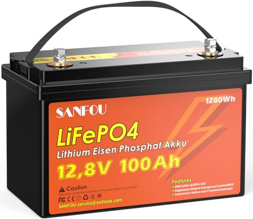 SANFOU Batteria LiFePO4 12,8V 100Ah, Batteria al Litio 1280Wh con BMS 100A, Batterie a Ciclo Profondo, 5 000 a 15 000 volte, Supporto per 4S4P, Perfetta come fonte di energia per camper.