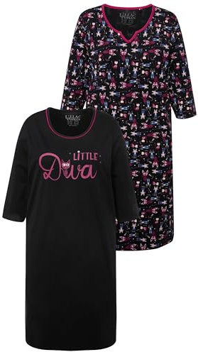 Ulla Popken Women's Bigshirts, 2er-Pack, Rundhals/Tunika-Ausschnitt, 3/4-arm Night Shirt, Black, 46-48