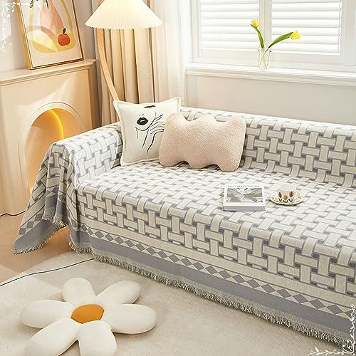 Bishilin Sofabezug Ecksofa 4 Sitzer, Überwurf Sofa Katzenschutz 180x420CM Geometrie Motiv mit Quasten Hellblau Couchbezug Eckcouch Universal