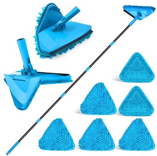 NEWE Fregona Techo Extensible hasta 202 cm, Mopa Triangular Giratoria 360° para Limpiar Azulejos y Paredes con 4 Plumeros de Chenilla y 2 Almohadillas de Microfibra (Azul)