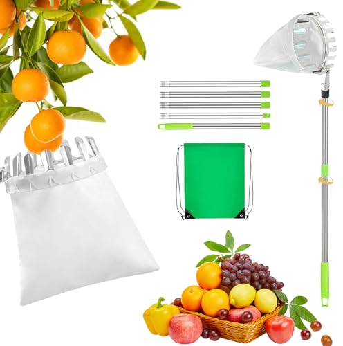 Ajuanbazha Recogedor Frutas Telescopico, 2.8m Recolector de Frutas, Acero Inoxidable Recolectoras para Manzanas, Recogedor de Frutas con Bolsa de Algodón, Recoge Frutas de Árboles