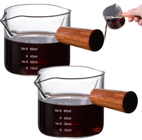 Liummrcy 2Pcs Espresso Shot Glass 100ML Espresso Measuring Cup Clear Oz/ML Scale Espresso Shot Cups with 2 V Spouts & Wood Handle Espresso Pouring Cup, Shot Glasses