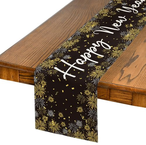 Artoid Mode Chemin de table Happy New Year 2025 - Motif feux d'artifice - Décoration de table de cuisine en intérieur, décor de fête/vacances - 40 x 140 cm