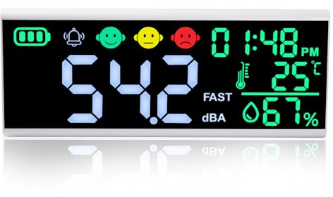 Sonomètre avec écran LCD de 13 - Lecteur dB de haute précision pour son, température, humidité et indicateurs à code couleur - Pour usage industriel et domestique - 30 ~ 130 dB - Bruit audio