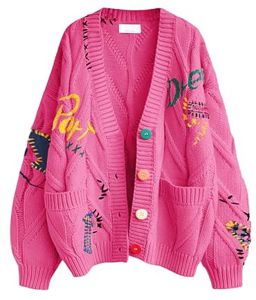 Women's Cable Knit Long Sleeve Open Front Cardigan Sheep V-Neck Button Down Embroidery Wool Blend Sweater Coat Outwear, Rose Red, XL