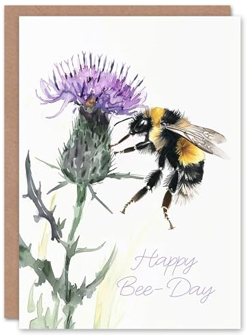 Artery8 Happy B Day Watercolour Thistle Flower Bumble Bee Blank For Him Or Her Art Birthday Card