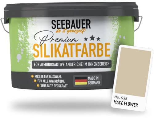 SEEBAUER diy Silikatfarbe Hellbraun 5L für Innen (No. 638 Mace Flower) Atmungsaktive Mineralfarbe für Allergiker - Abwaschbare Wandfarbe - Brauntöne hohe Deckkraft