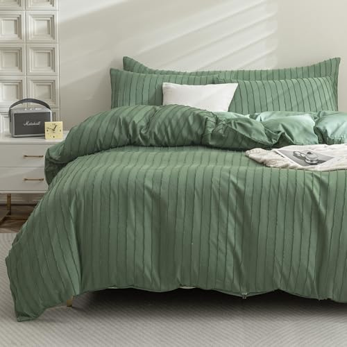 JELLYMONI Bettwäsche 135x200 Gestreift Boho 4-Teilig Bettwäsche-Sets Polyester-Mikrofaser Grün Oeko-Tex 2er Bettbezüge mit Reißverschluss und 2er Kissenbezüge 80X80 mit Umschlag Weiche Bettwäsche