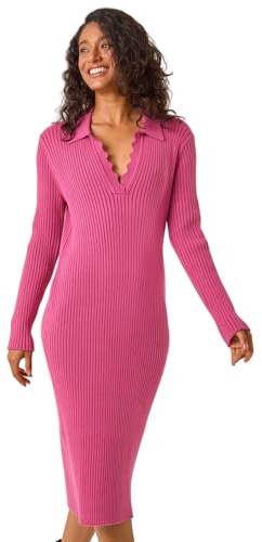 Dusk Scallop Detail Midi Knit Dress for Women UK - Ladies Autumn Everyday Winter Holiday V-Neckline Comfy Long Sleeve Soft Bodycon Frock Office Desk Gowns - Pink - Size 12