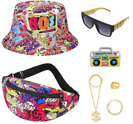 GADITIEK 7Stück 80er Jahre Accessoires, 80er Jahre Outfit Herren, Zuhälter Kostüm Gangster Kostüm Herren Hip Hop Rapper Kostüm Mit Fischerhut Fasching Karneval Damen Mottoparty (80er)