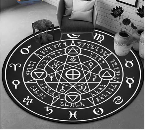 YANGECHEN Pentakel Symbol Blackrug, Sonne Mond Runder Teppich, Ziege Kopf Satan Teppichhände Okkultismus Teppich Hexerei Goth Teppich 80Cm