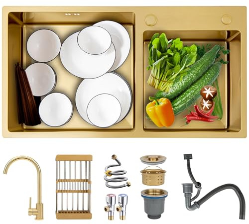 Fregadero Cocina 80x45cm,fregadero de cocina dorado,Fregadero de acero inoxidable 201,fregadero cocina con escurridor y sifón,cocina fregadero,2 fregadero empotrado