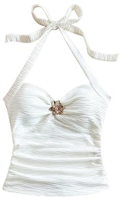 SOLY HUX Women's V Neck Halter Tops Open Back Y2k Ruched Floral Metal Summer Going Out Cami Tops Solid White X-Small
