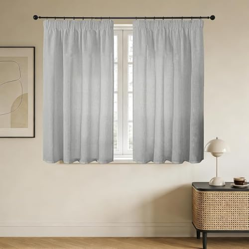 Joydeco Leinen Gardinen mit Kräuselband Hellgrau Vorhänge Wohnzimmer Modern Boho Leinenoptik Gardine Halbtransparent Vorhang für Schienensystem Curtains Bedroom 2er Set H 137 x B 117 cm