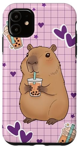Kawaii Anime Capybara Drinking Boba Bubble Tea Kids Girls Case for iPhone 11
