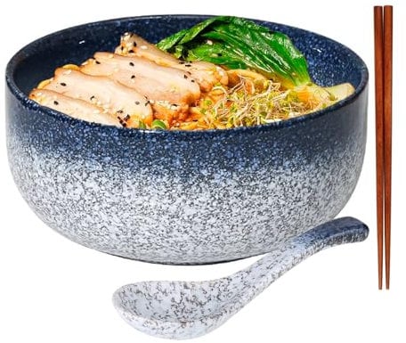 Porcelain Large Noodle Bowls,1000ml Ramen Bowl Set,Japanese Ceramic Bowl,Pasta Bowls with Spoon,Chopsticks,Soup Bowl, for Rice,Salad, Noodle