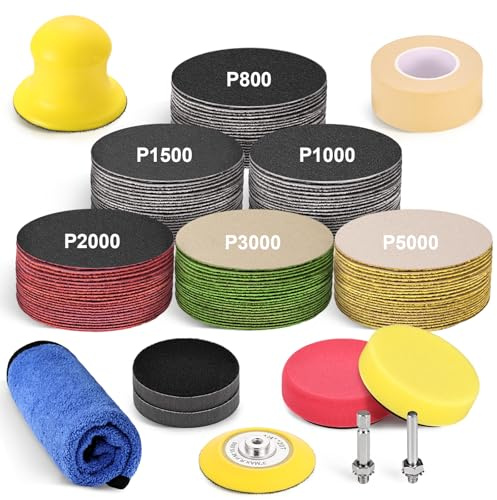 Wewink Plus 3 Inch Wet Dry Headlight Restoration Kit, Drill Sanding & Polishing Attachment with 800-5000 Grit Sandpaper Discs, 1/4 Shanks, Foam Pads, 3.5'' Face Buffing Polishing Pads, Masking Tape