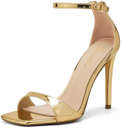 GENSHUO Scarpe col tacco alto da donna, un cinturino, punta aperta, stiletto da 10 cm, eleganti per feste di matrimonio, Vernice oro, 42 EU