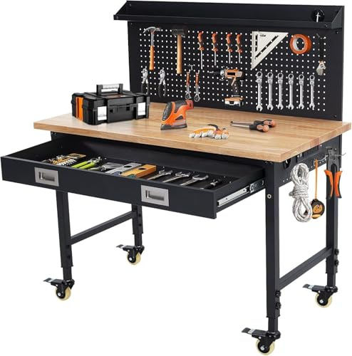 Aptliton Workbench with Pegboard,Wheels and Drawer Storage, Adjustable Height 72-100cm Metal Garage Work Bench with Led Lights, Power Outlets, 2000Lbs Capacity Mobile Tool Storage Workstation,122x60cm