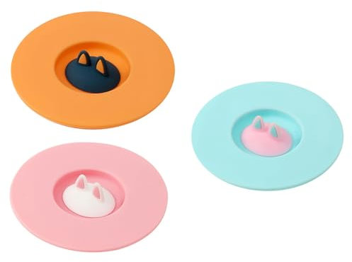FUNNETOYU 3pcs Cat Ear Silicone Cup Covers Leakproof Cartoon Lids for Mugs Bowls Adorable Design in Fairy Pink Vibrant Orange and Lake Blue Food-grade Material for Home Office Use