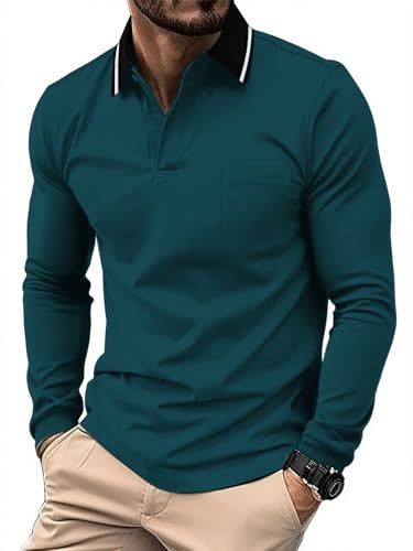 JACKETOWN Mens Polo Shirts Long Sleeve Breathable Work Polo Shirts Adult Casual Button Down Golf Tennis T Shirt