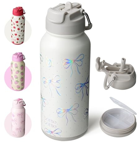 BOTTLE BOTTLE borraccia termica sport inox 32oz, cannuccia, portapillole | Glitter-Schleife - Borraccia termica a prova di perdite, senza BPA, per fitness, campeggio all'aperto
