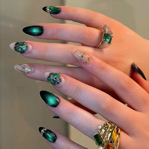 Auroriel 24 Pieces Short Almond Shaped Flower Press On Nails with Green Cat Eye Design Fake Nails Full Coverage Acrylic Nail Kit for Women Manicure Spring Look