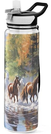 Cgiub Running Horses Painting Sports Water Bottle with Leak Proof Straw Lid 1000 ML BPA-Free Reusable Tritan Plastic Water Bottle for School Outdoor Sports and Travel