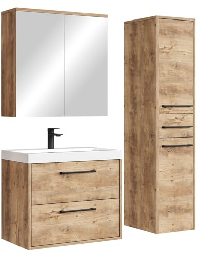 Badplaats B.V. Badezimmer Badmöbel Set Florence (Kastanien Eiche, Komplettset mit Spiegelschrank und Hochschrank)