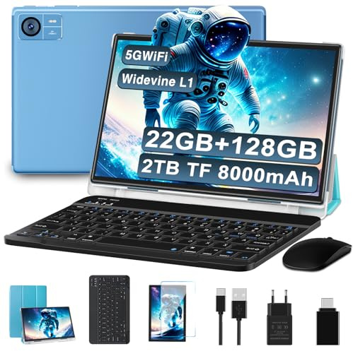 GOODTEL 2026 Tablet Android 10 Pollici 22GB RAM+128GB ROM(2TB TF), 8000 mAH,Octa-Core,2.0Ghz, WiFi5G+2.4G, GPS, 8MP + 5MP, Bluetooth 5.0,OTG, Cast, Tablet PC con Custodia, Tastiera e Mouse,Azul