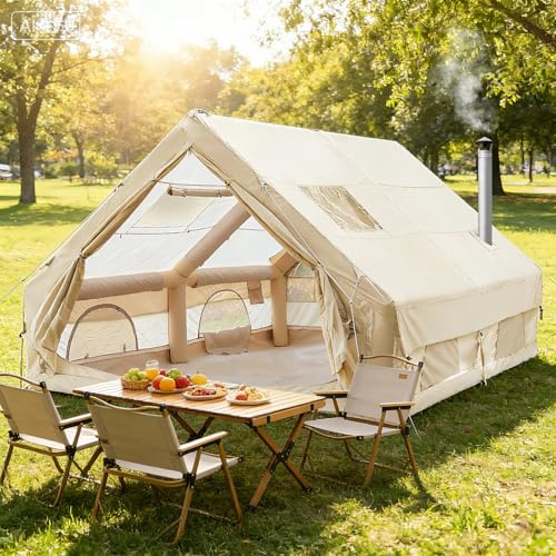 Aufblasbare Zelte 10 Personen, aus Wasserdichtem 420D Oxford, Aufblasbares Campingzelt Einfacher Aufbau mit Handpumpe, Ofenanschluss, Zelte Großes inkl. Aufbewahrungstasche