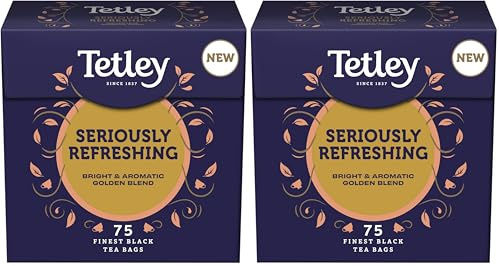 Tetley Seriously Refreshing Tea, 75 Tea Bags - Rainforest Alliance Certified Classic Gold Blend Teabags - Bright and Aromatic Taste for a Full Flavoured British Brew at Breakfast or Anytime